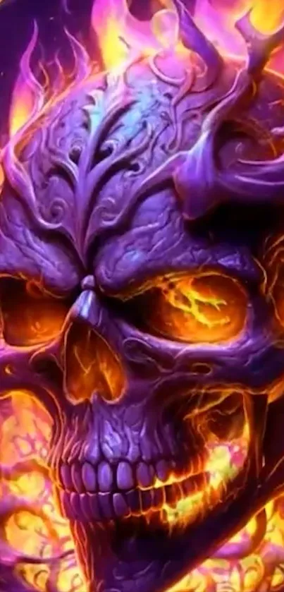 Vibrant purple skull engulfed in orange flames.