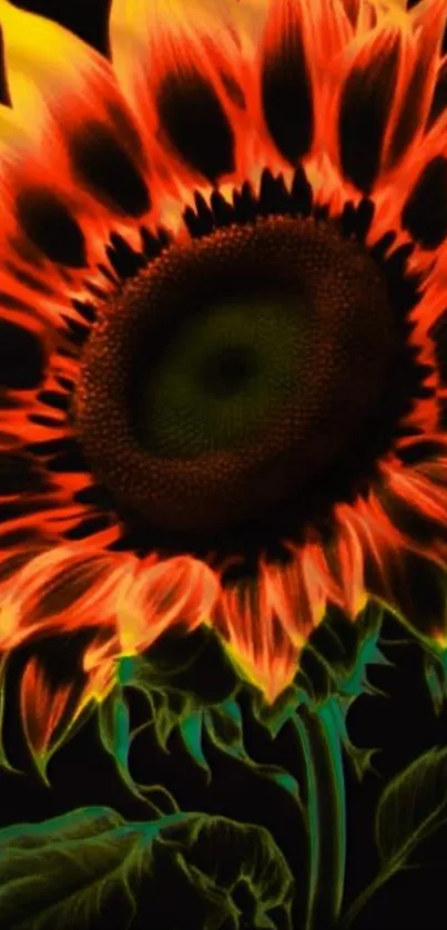 A vibrant, neon-colored sunflower on a black background.