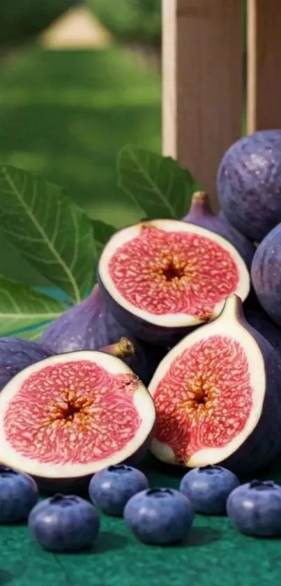 Fresh figs and blueberries on display with vibrant green leaves.