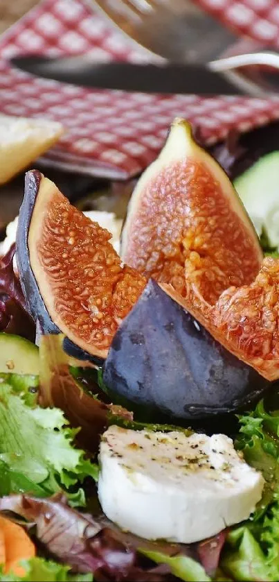 Close-up of a fig salad with cucumbers and goat cheese on a mobile wallpaper.