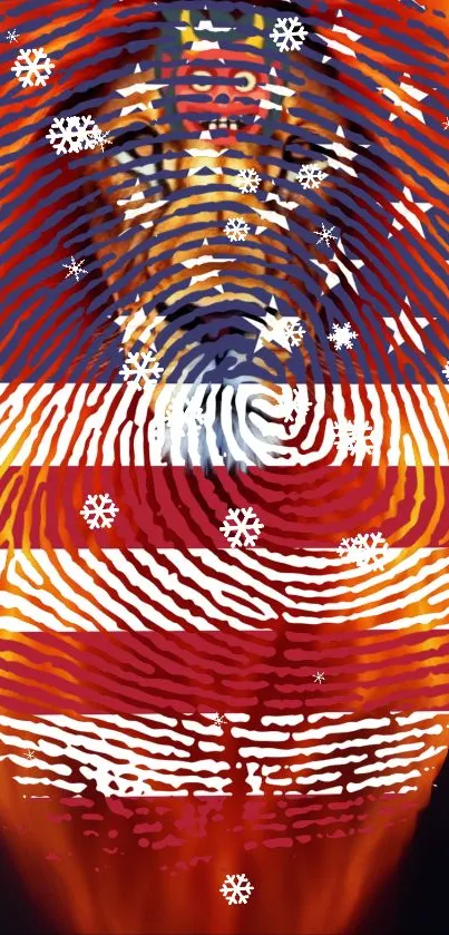 Vibrant fingerprint pattern with colorful art and snowflakes.