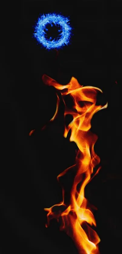 Fiery flames with blue circle, dark background.