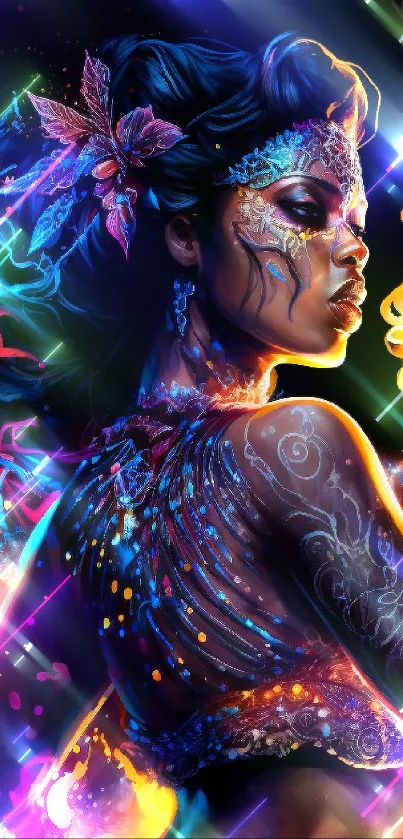 A vibrant and colorful dance-themed digital artwork with fire elements.