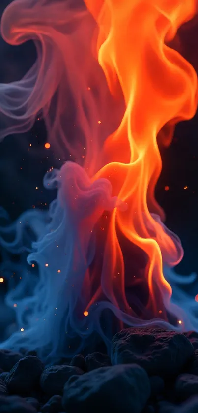 Vibrant orange and blue flames in artistic display.