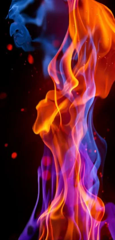 Vivid orange and blue flames create a dynamic mobile wallpaper background.