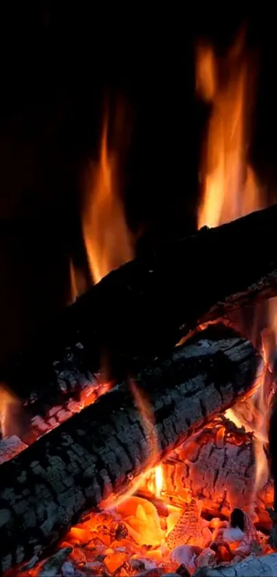 Crackling fireplace with glowing orange flames and embers.