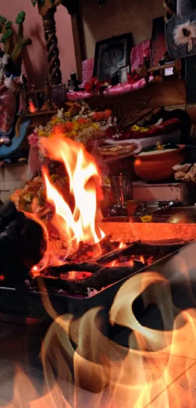 Colorful fire ritual scene with vivid flames and intricate altar.