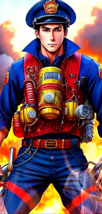 Anime firefighter in vibrant colors with a dramatic backdrop.