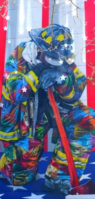 Colorful mural of a firefighter against an American flag background.