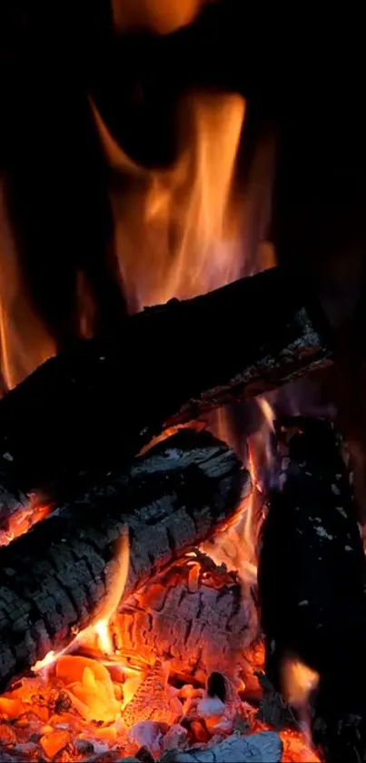 Vibrant flames and embers in a rustic firewood setting.