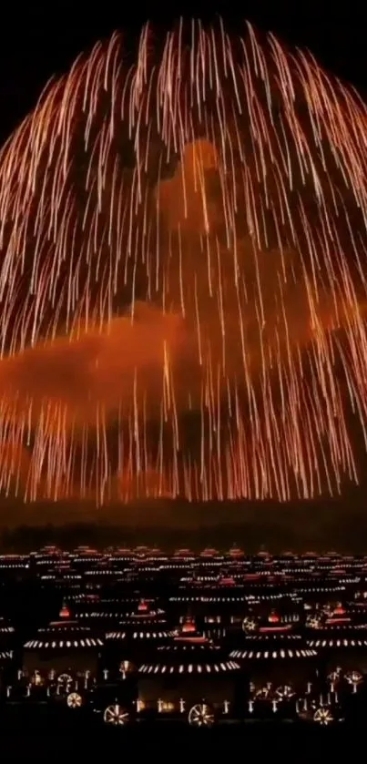 Vibrant fireworks illuminating a cityscape at night.