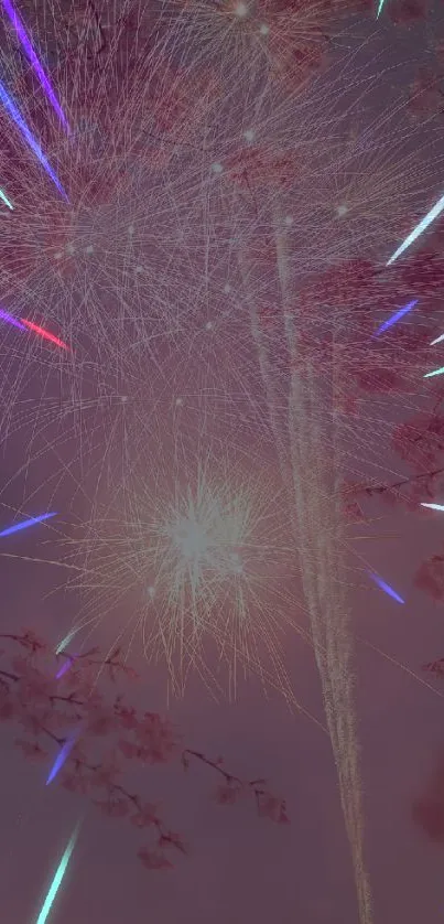 Dynamic fireworks and cherry blossoms against a pink sky.