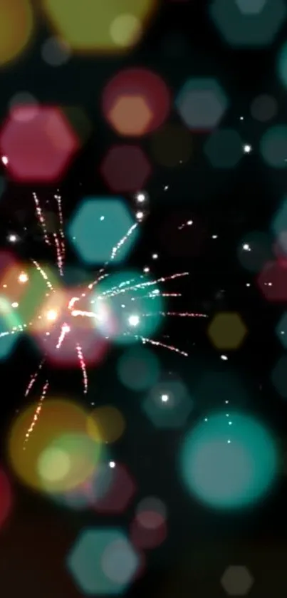 Colorful fireworks bokeh wallpaper with vibrant teal and red hues.