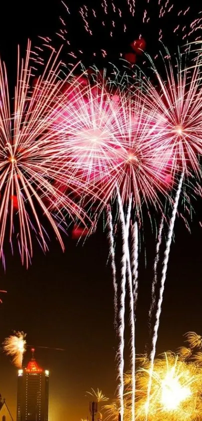 Vibrant fireworks illuminating the night sky above a city.