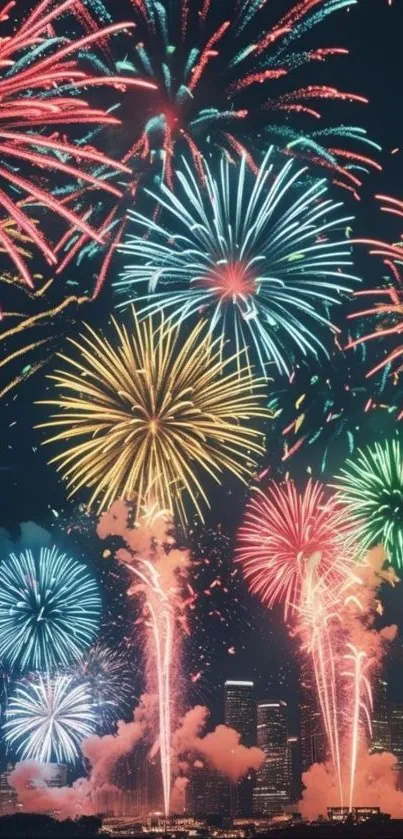 Colorful fireworks over a city skyline at night.