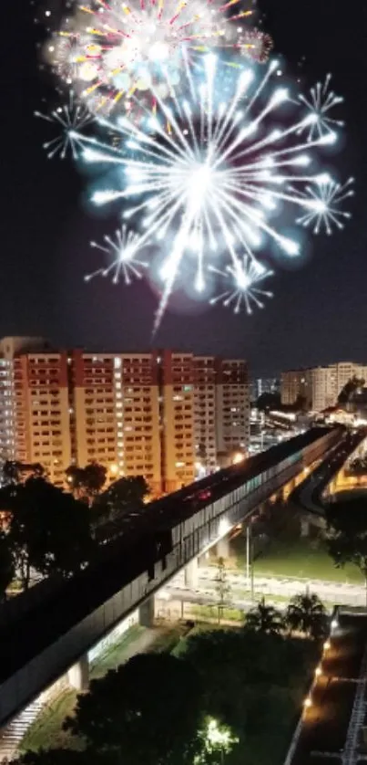 Fireworks exploding over vibrant city skyline at night.