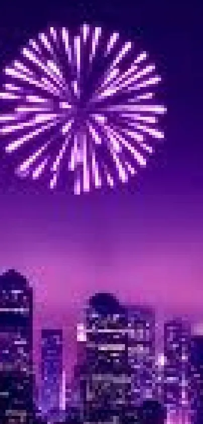 Purple fireworks light up urban skyline at night.