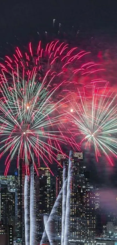 Colorful fireworks over city skyline at night.