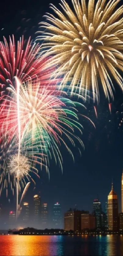 Fireworks illuminating a cityscape at night with colorful reflections on the water.