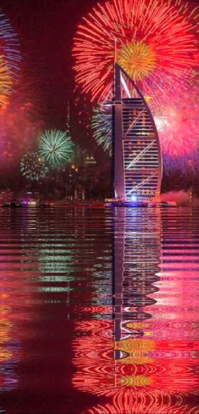 Colorful fireworks illuminate a city nightscape with reflections on the water.