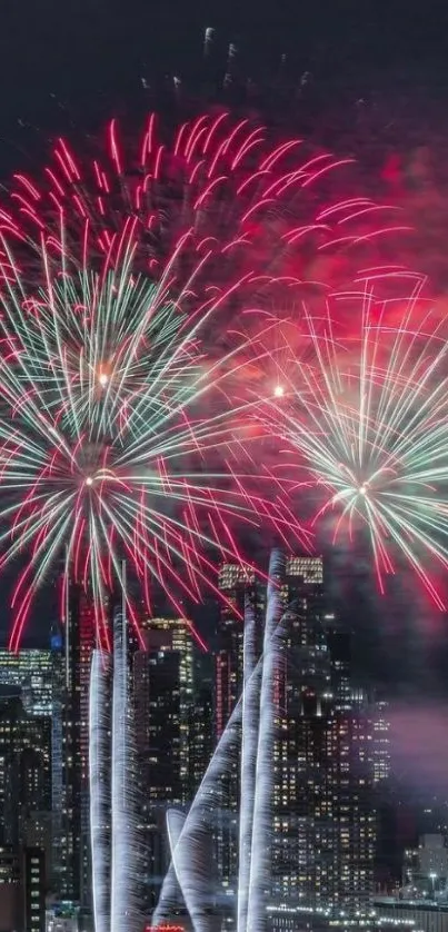 Vibrant fireworks over a cityscape at night.