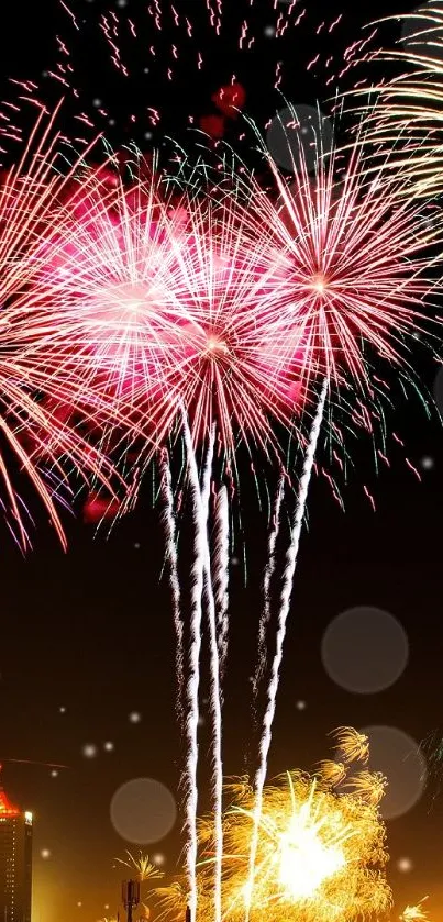 Colorful fireworks light up a cityscape at night.