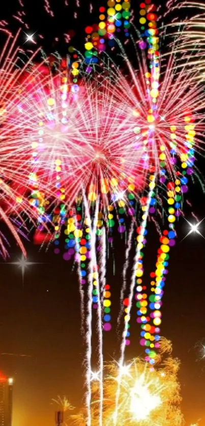 Vibrant fireworks bursting over a nighttime cityscape.