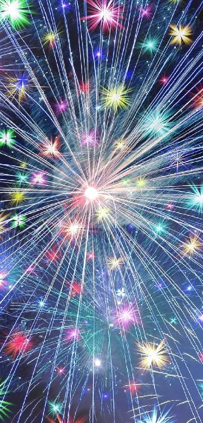 Colorful fireworks display with dynamic starbursts.