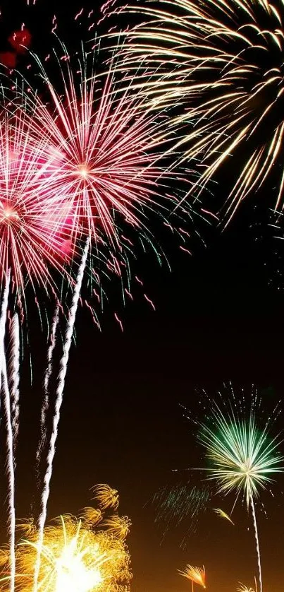 Colorful fireworks explode in a night sky, creating a vibrant and festive display.