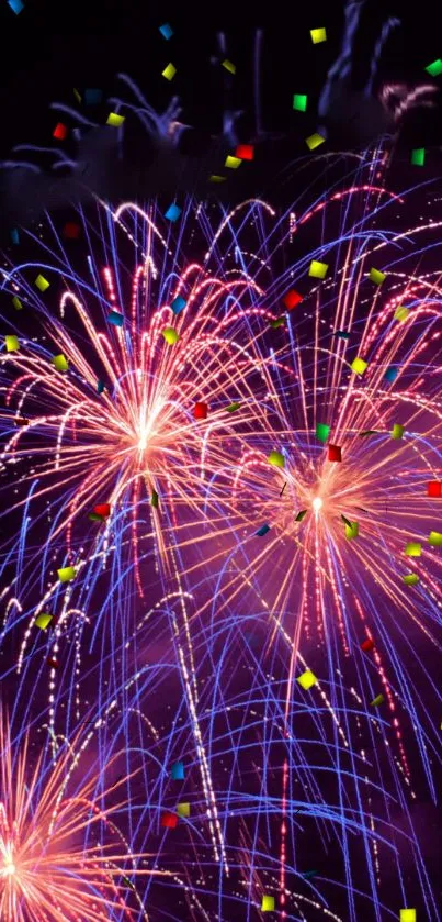 Vibrant fireworks burst with bright confetti on a dark night sky.