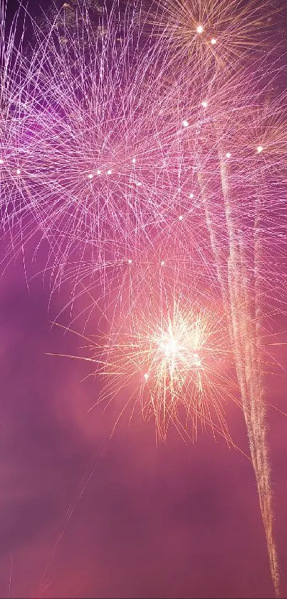 Vibrant purple sky with fireworks exploding majestically, creating a dynamic scene.