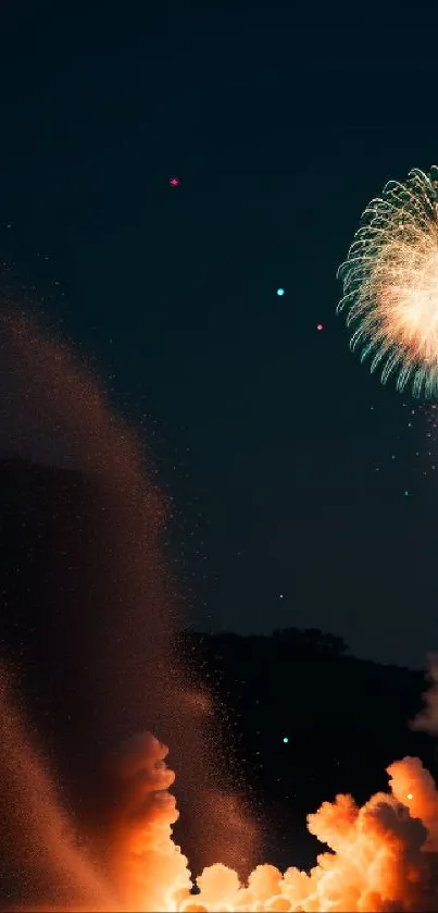 Vibrant fireworks burst into the night sky, illuminating a serene lakeside setting.