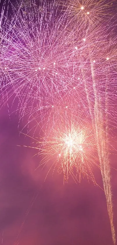 Vibrant fireworks illuminate a pink and purple sky, creating a festive scene.