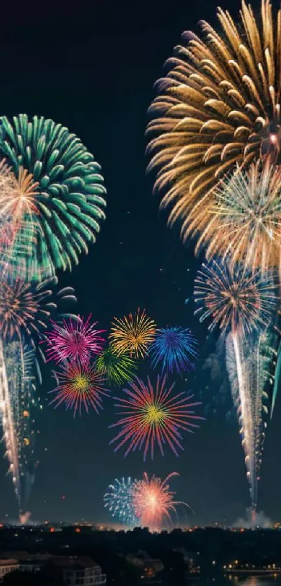 Colorful fireworks exploding in the night sky, creating a vibrant display.