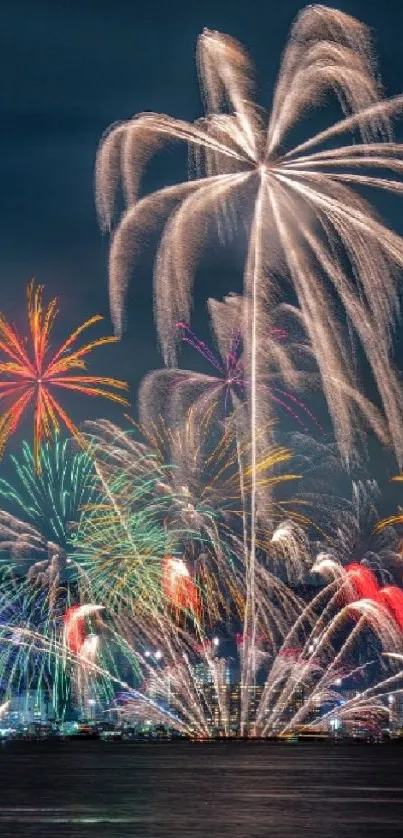 Vibrant fireworks bursting over a dark cityscape at night.