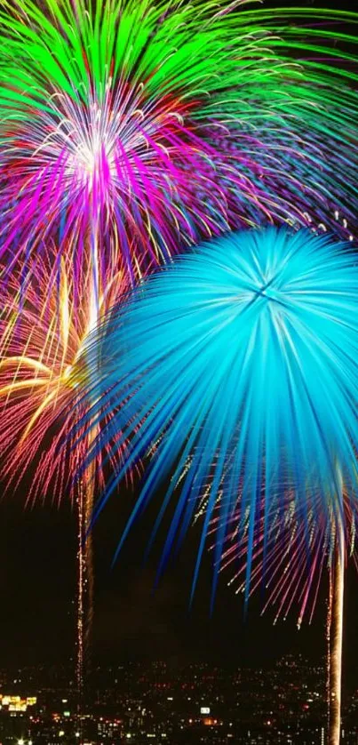 Vibrant fireworks display lighting up the night sky with brilliant colors.