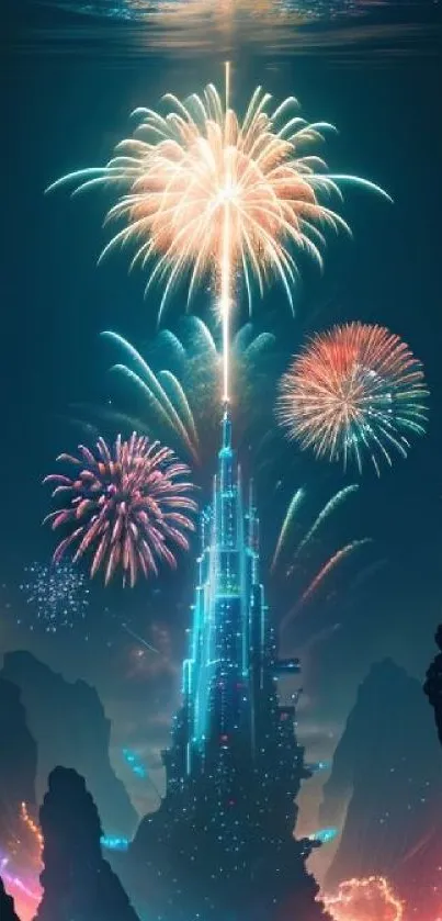 Futuristic cityscape with fireworks display at night.