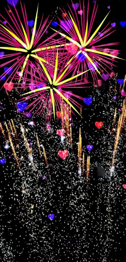 Vibrant fireworks and colorful hearts mobile wallpaper.