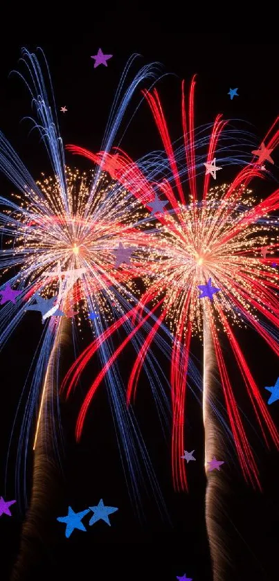 Red and blue fireworks burst against a dark sky in mobile wallpaper.