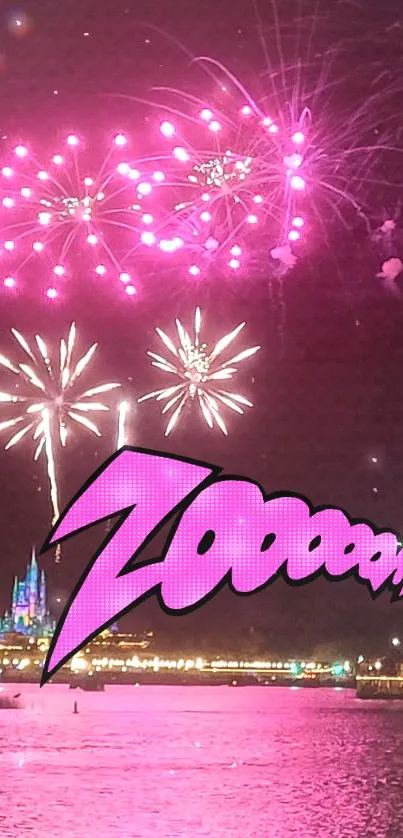 Vibrant pink fireworks over cityscape with cartoon text.