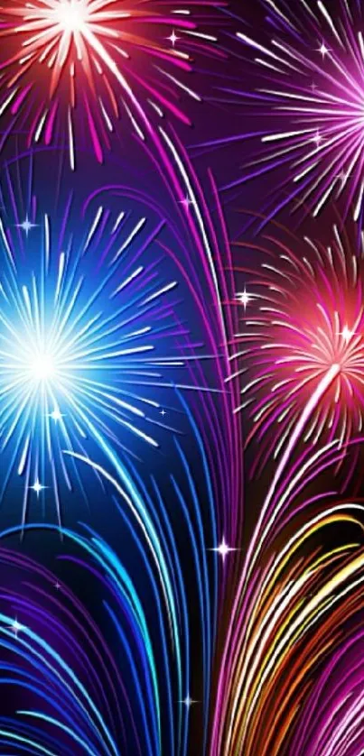 Vibrant fireworks display in blue, pink, and purple shades.