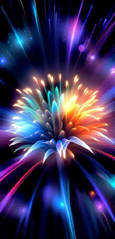 Vibrant colorful fireworks on a dark mobile wallpaper.