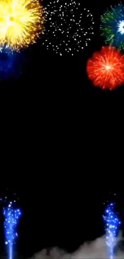 Colorful fireworks lighting up the night sky with bright bursts against a dark background.