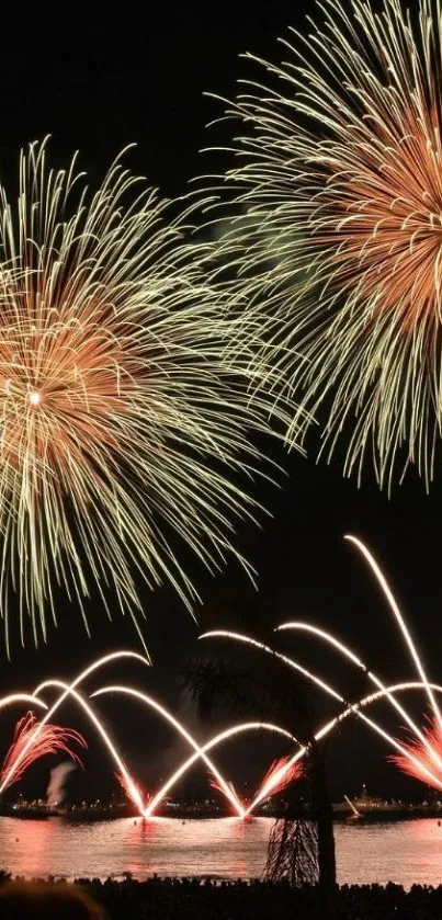 Vibrant fireworks exploding in night sky over water.