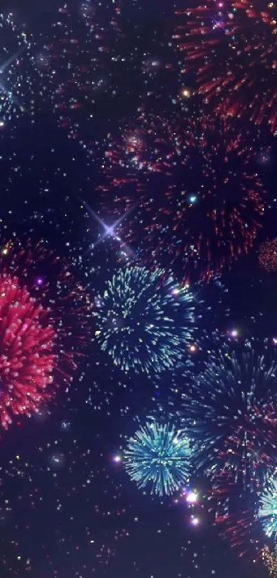 Colorful fireworks exploding in night sky.