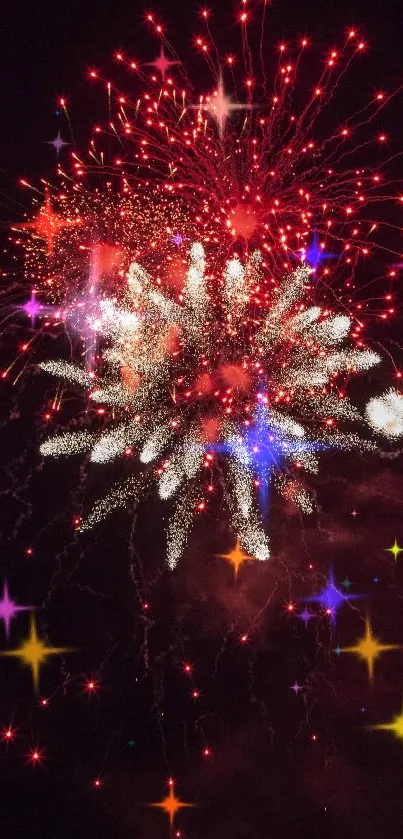 Vibrant red fireworks illuminating the night sky in a spectacular display.