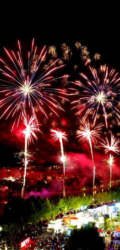 Vibrant fireworks light up the city skyline at night.