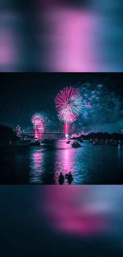 Vibrant fireworks illuminate a night sky over a city river.