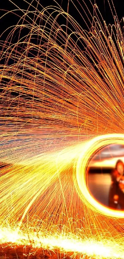 Vibrant fireworks display with orange sparks in the night sky.