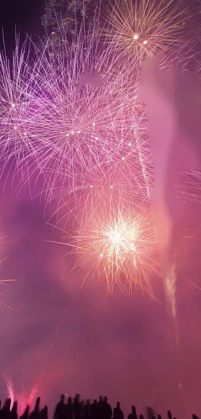 Vibrant fireworks lighting up the night sky over a city silhouette.